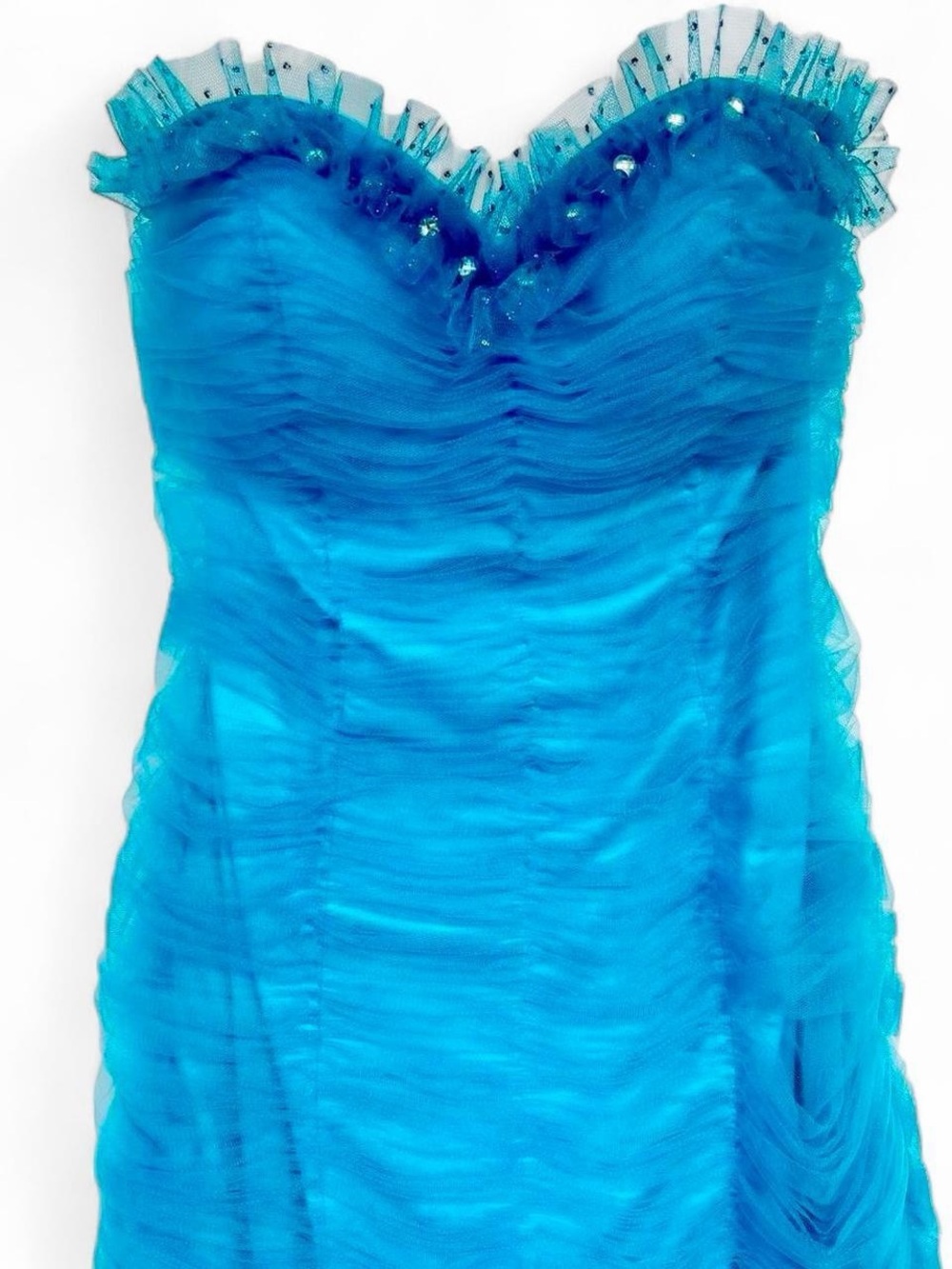 Bright Blue Ruffled, Ruched, and Embellished Homecoming/Cocktail Dress